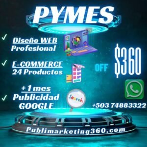 Un paquete de marketing digital que incluye diseño web, creación de tienda en línea y un mes de publicidad, todo por $360.