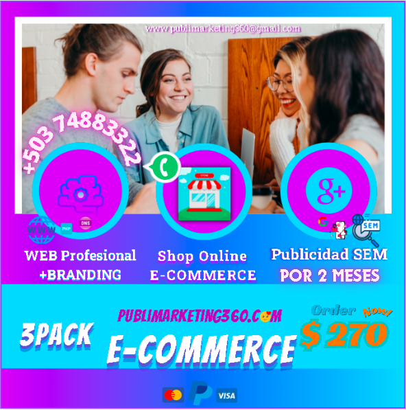 Oferta de diseño eCommerce con web profesional, SEO y SEM a $270, incluyendo una prima de $25 para potenciar la creación de tiendas en línea y aplicaciones.