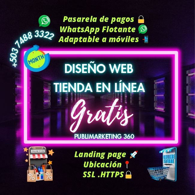 Tienda en línea y diseño web gratis por 1 mes con SSL, pasarela de pagos, WhatsApp flotante y adaptabilidad móvil.
