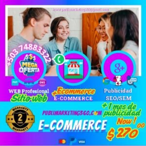Oferta de diseño eCommerce con web profesional, SEO y SEM a $270, incluyendo una prima de $25 para potenciar la creación de tiendas en línea y aplicaciones.