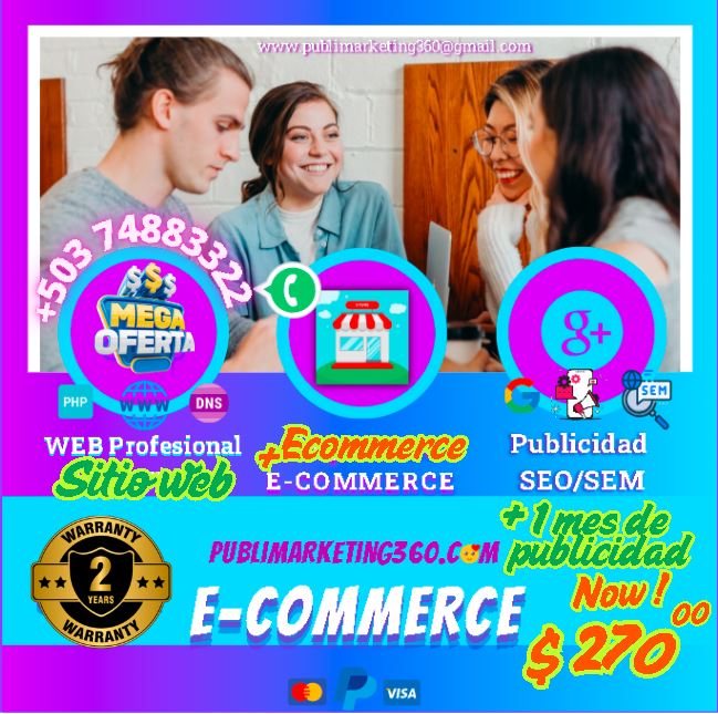 Oferta de diseño eCommerce con web profesional, SEO y SEM a $270, incluyendo una prima de $25 para potenciar la creación de tiendas en línea y aplicaciones.